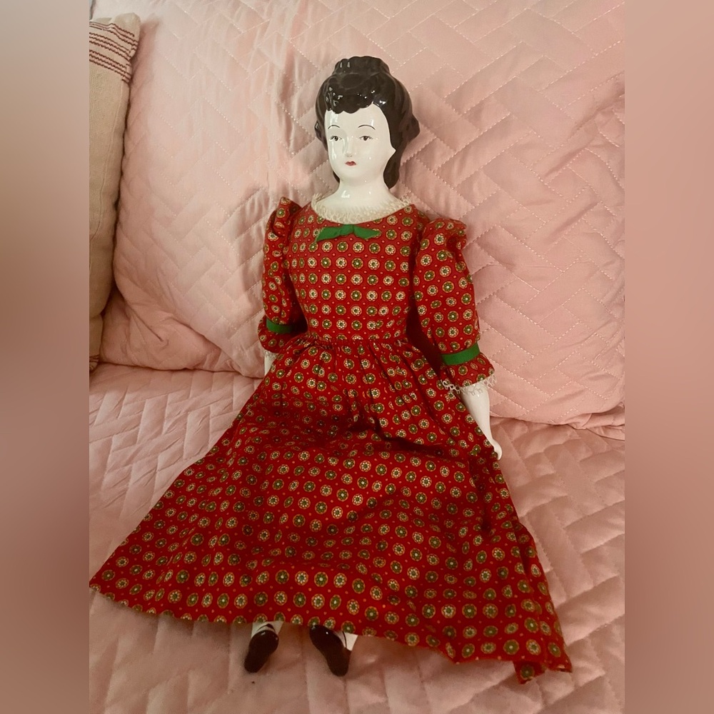 Porcelain Vintage China Head Doll Handmade Cloth Body Red Print Dress 18”